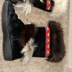 Tecnica Black and Brown Fur Winter Boots with Red Trim